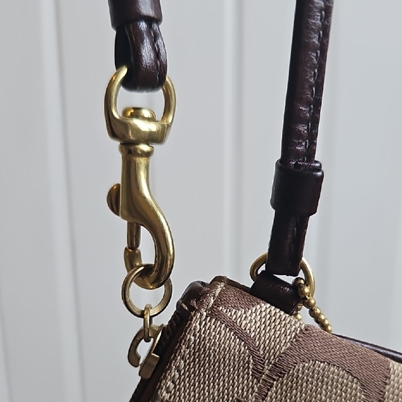 Coach Signature Brown and Tan Wristlet Leather, Suede, Gold Accents - Picture 6 of 7